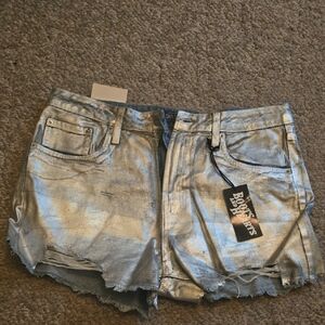 refuge Metallic Silver Distressed Denim Shorts